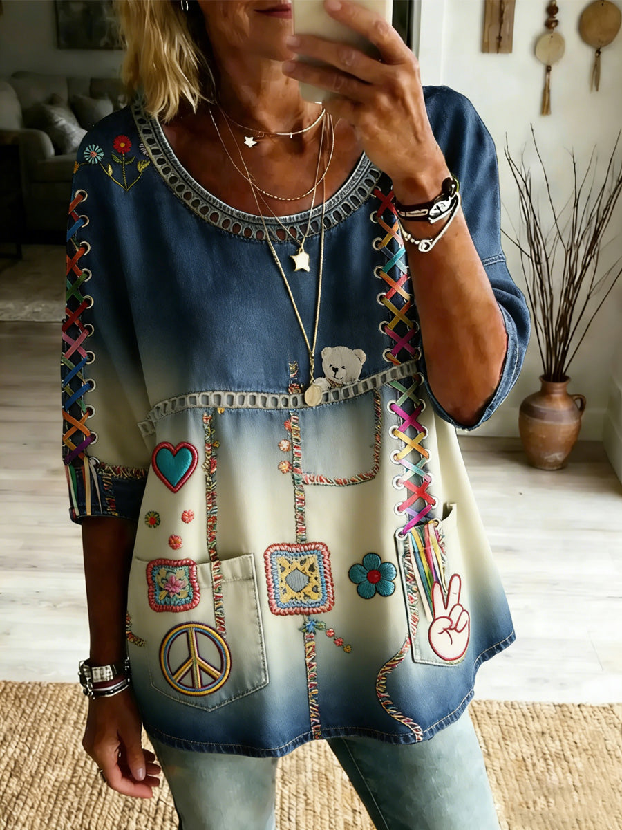 Women's Retro Peace Love Casual Style Print Vintage Half Sleeves Shirt